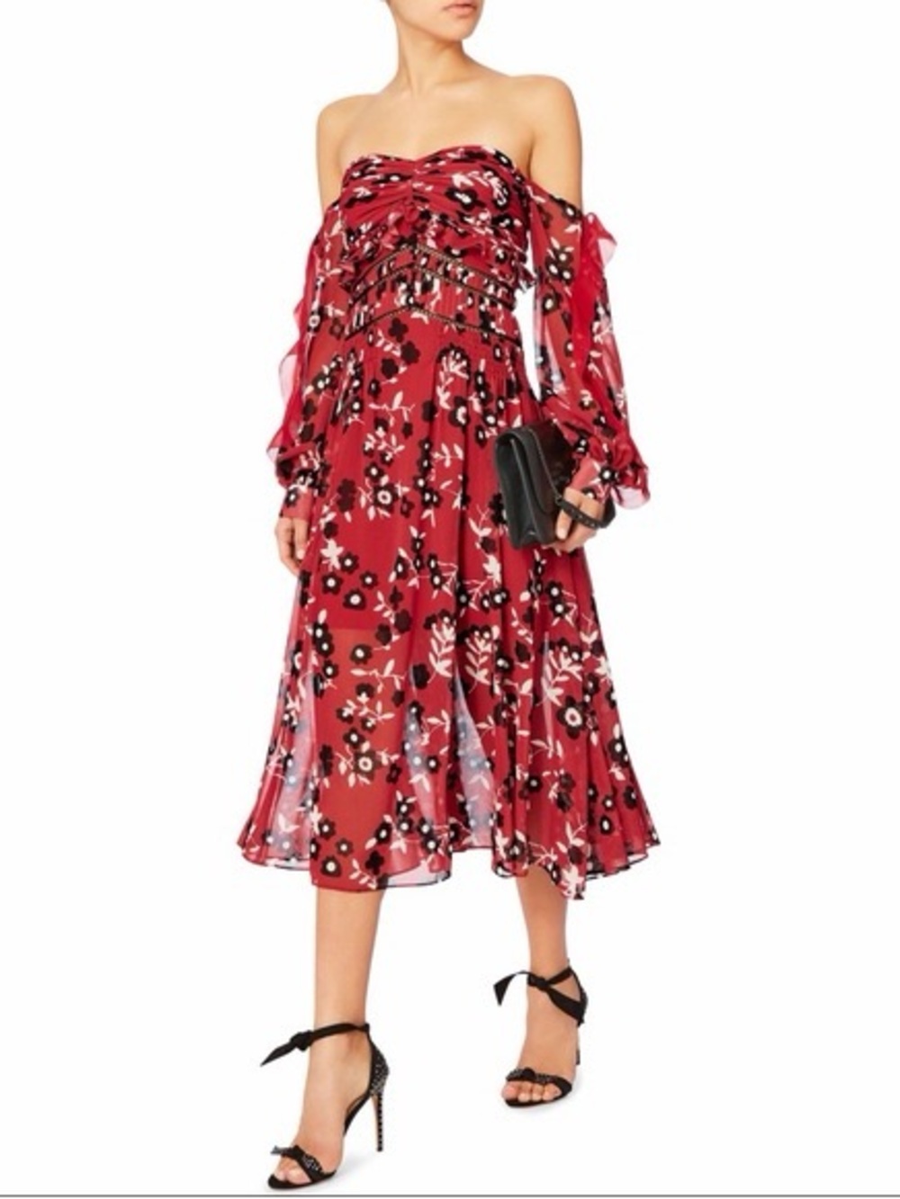 Self Portrait ❤️‍🔥Red Floral Off-Shoulder Midi sexy Dress